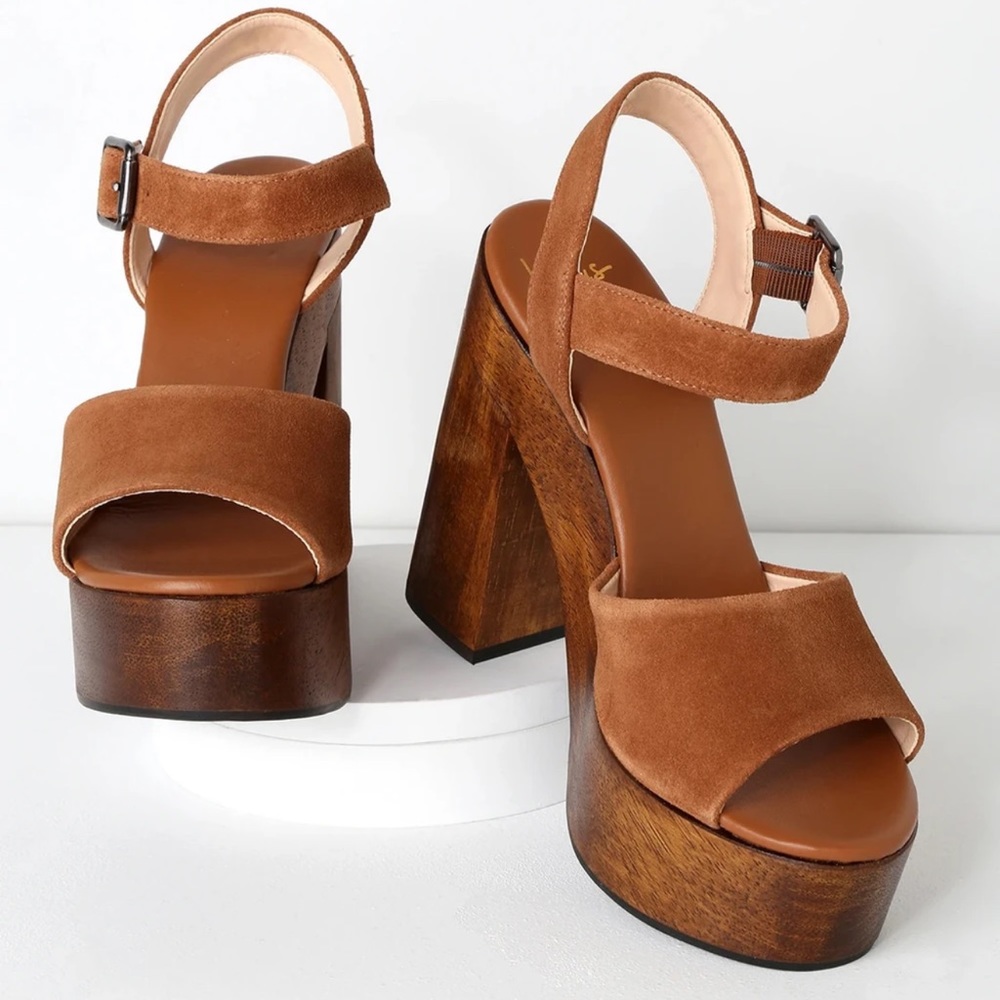 Lulu’s Lolita Leather Cognac Suede Wooden Platform Heels